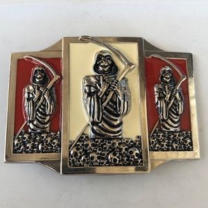 Red and White Grim Reaper Skull Belt Buckle